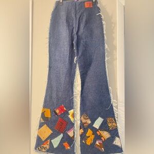 Vintage Custom Denim Flare Jeans with Multicolor Patches